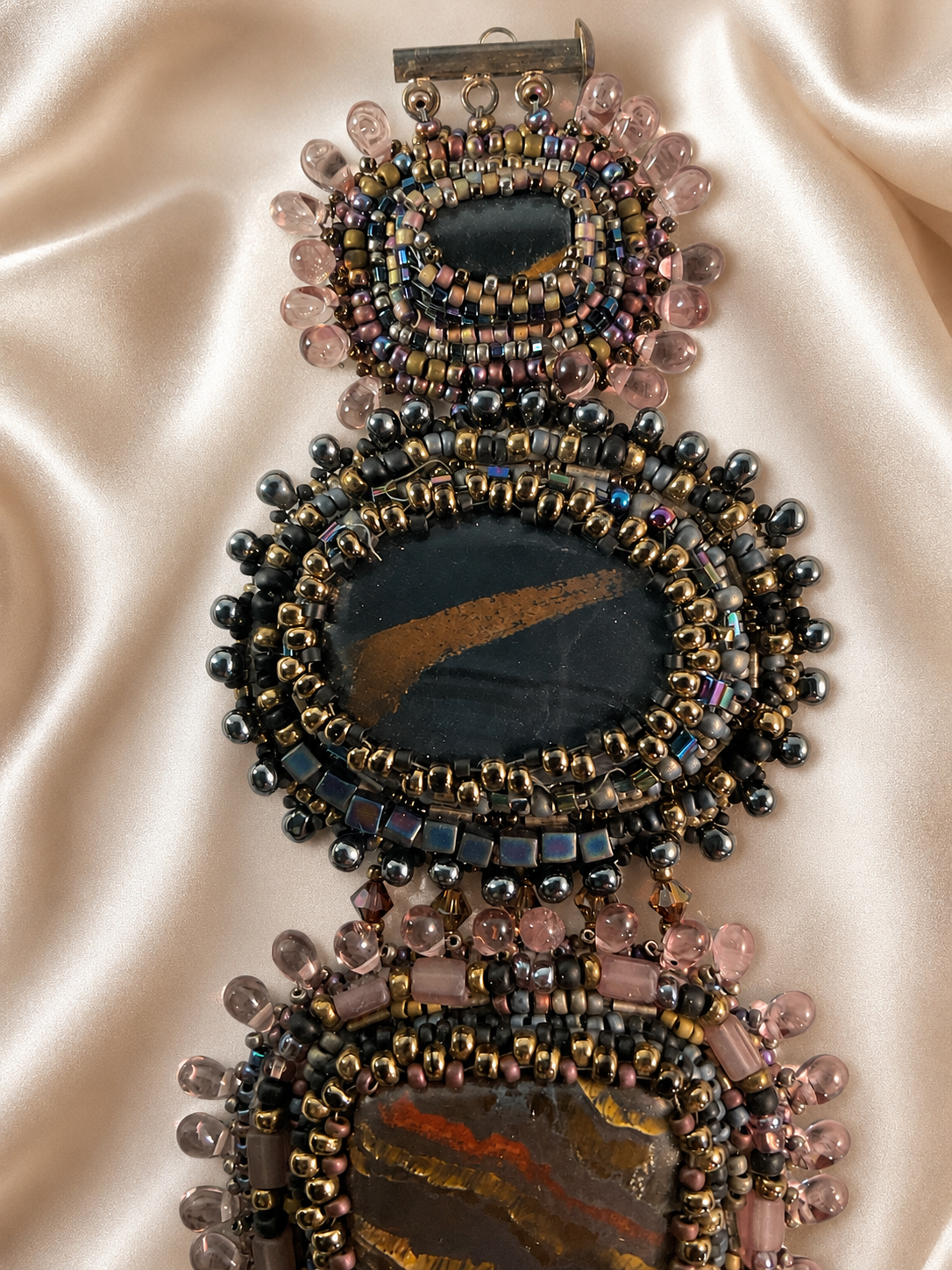 Hand-Beaded Stone Bracelet with Suede Backing – 7½ Inch