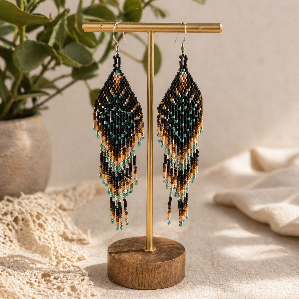 Earth & Sky Fringe Earrings – 4” Handwoven Beaded Dangle Earrings