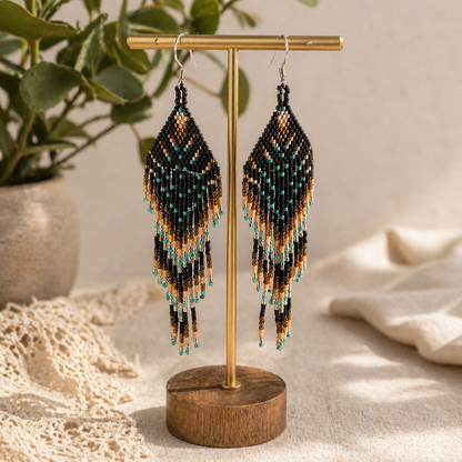 Earth & Sky Fringe Earrings – 4” Handwoven Beaded Dangle Earrings