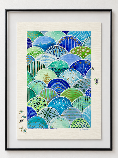 Where the Color Patterns Gather – Blue & Green Framed Watercolor Painting