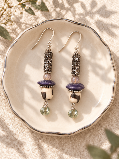 Handmade Purple Stone and Crystal Drop Earrings