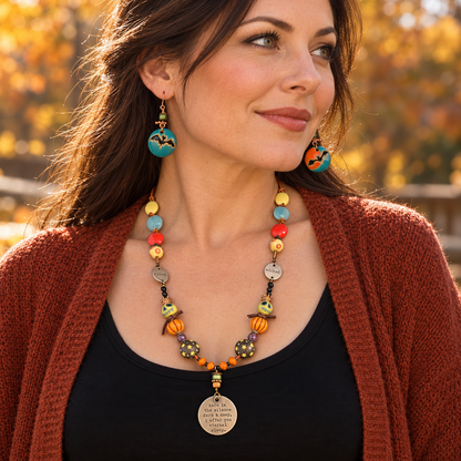 Halloween Skull & Pumpkin Necklace Set with Bat Earrings, 22 Inch