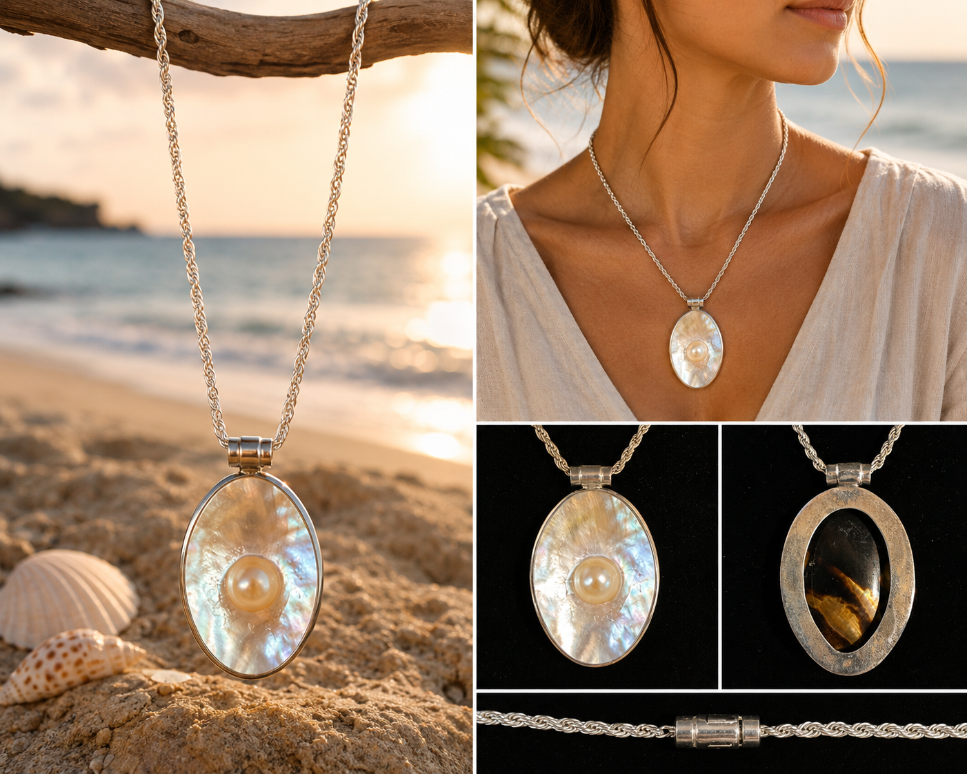 Vintage Sterling Silver Mother-of-Pearl Shell Necklace with Pearl Accent 20 Inch