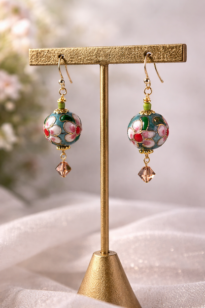 Teal Blossom Cloisonné Drop Earrings – Floral Bead with Crystal Dangle