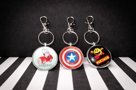 Retro Pop Culture Keychains | Pac-Man, Captain Shield & Free Parking Designs