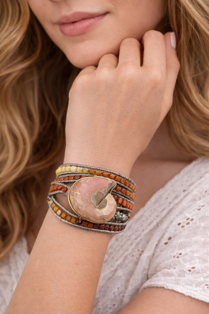 Boho Ammonite Fossil Wrap Bracelets – Natural Stone Multi-Layer Statement Bracelets