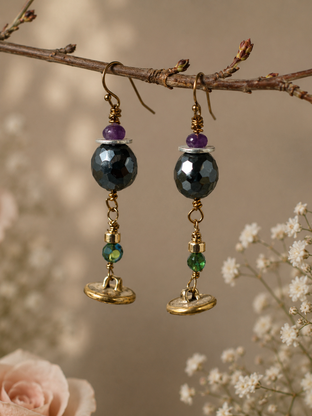 Handmade Mixed Metal Earrings with Vintage Brass Buttons & Faceted Crystal Beads