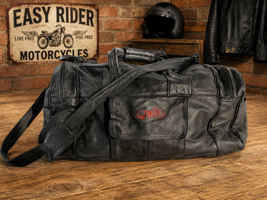 Vintage All Leather Motorcycle Travel Duffel Bag with Embroidered Easy Rider Logo