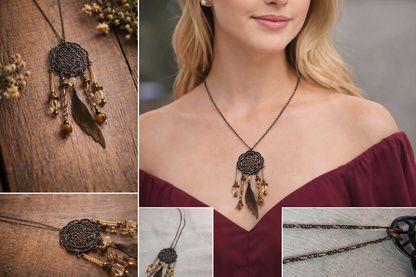 Earthbound Dreamer Long Dreamcatcher Necklace with Feather & Amber Crystal Drops