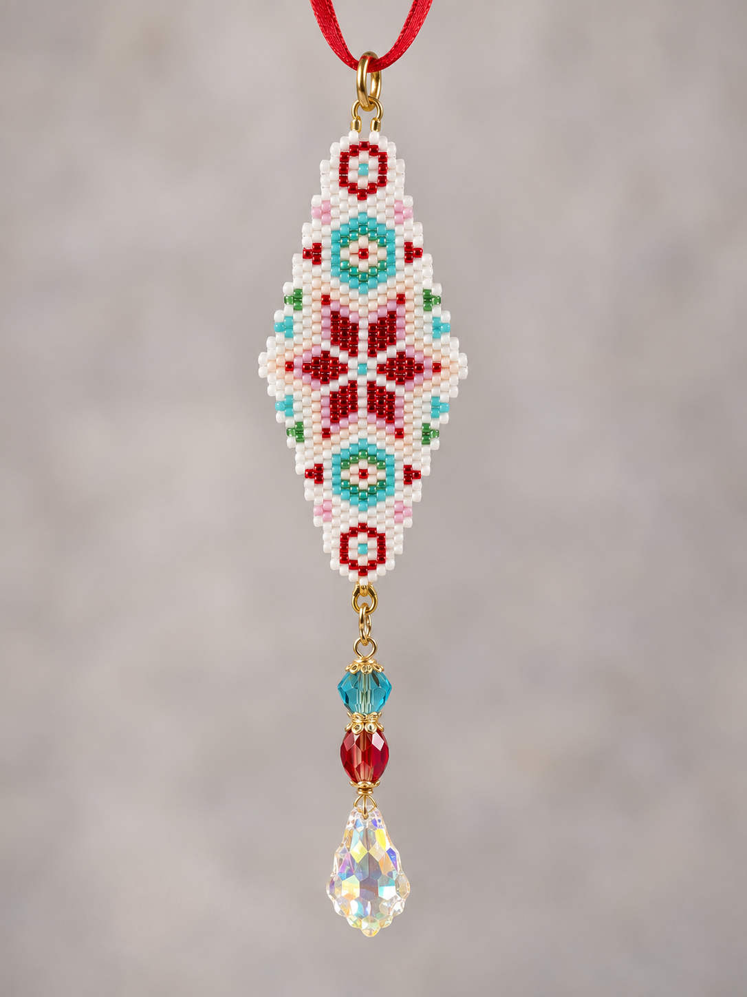 Hand-Beaded Holiday Ornament with Crystal Drop