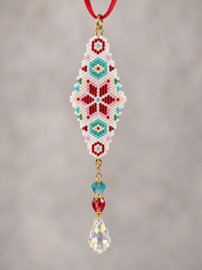 Hand-Beaded Holiday Ornament with Crystal Drop