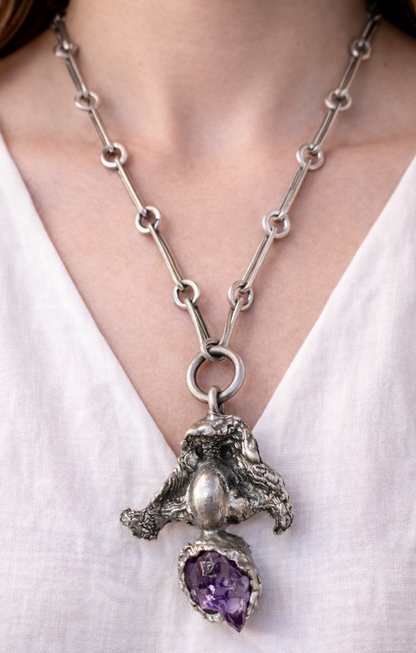 Vintage Danish Modern Brutalist Amethyst Necklace – Lysgards Design Pewter Pendant on Handmade Chain