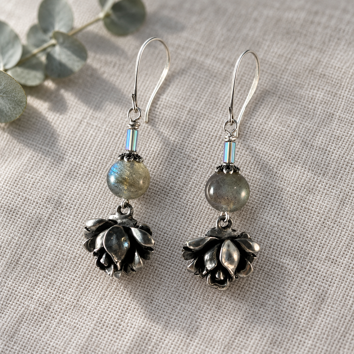After Dark Hematite & Silver Rose Earrings
