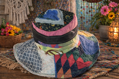 Dorothy Jean Reversible Patchwork Boho Hat – Moldable Wire Brim, Size Small (20” Head)