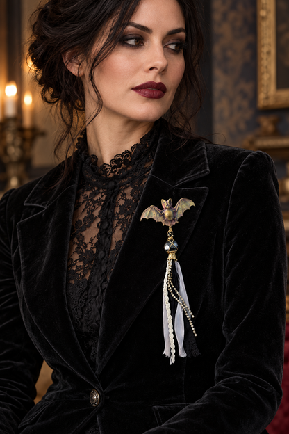 After Dark Bat Pin with Crystal & Fabric Tassel