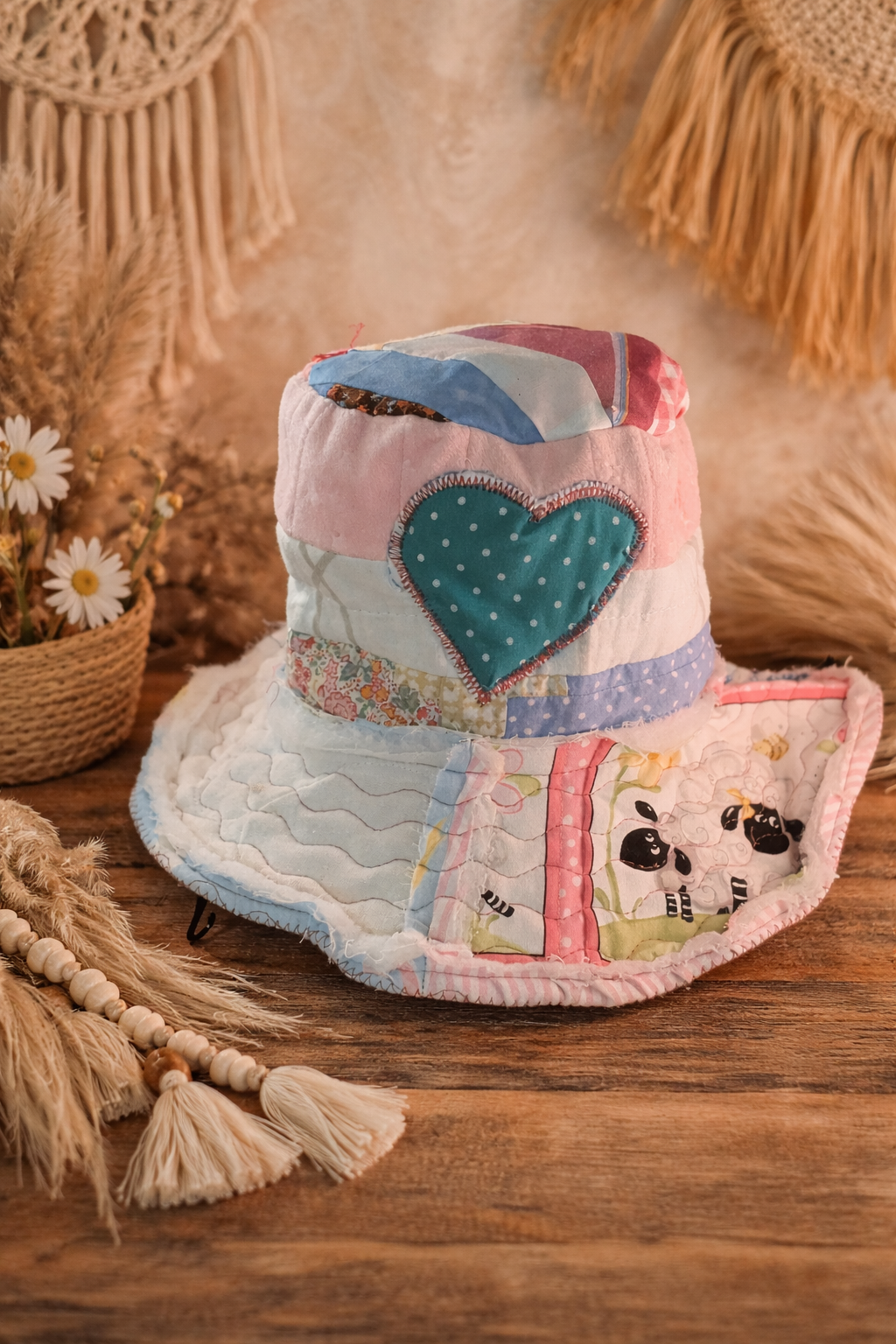 Dorothy Jean Reversible Patchwork Hat – Triple Heart Boho Wide Brim (Size Med-Sm)
