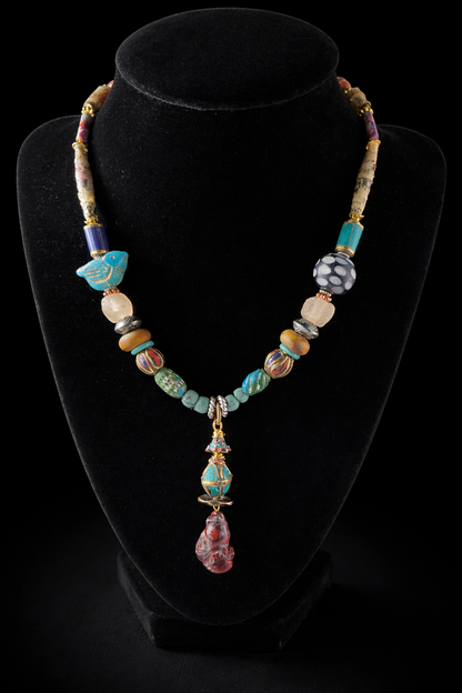 Spirit Flight | African Bead Necklace with Carved Stone Eagle