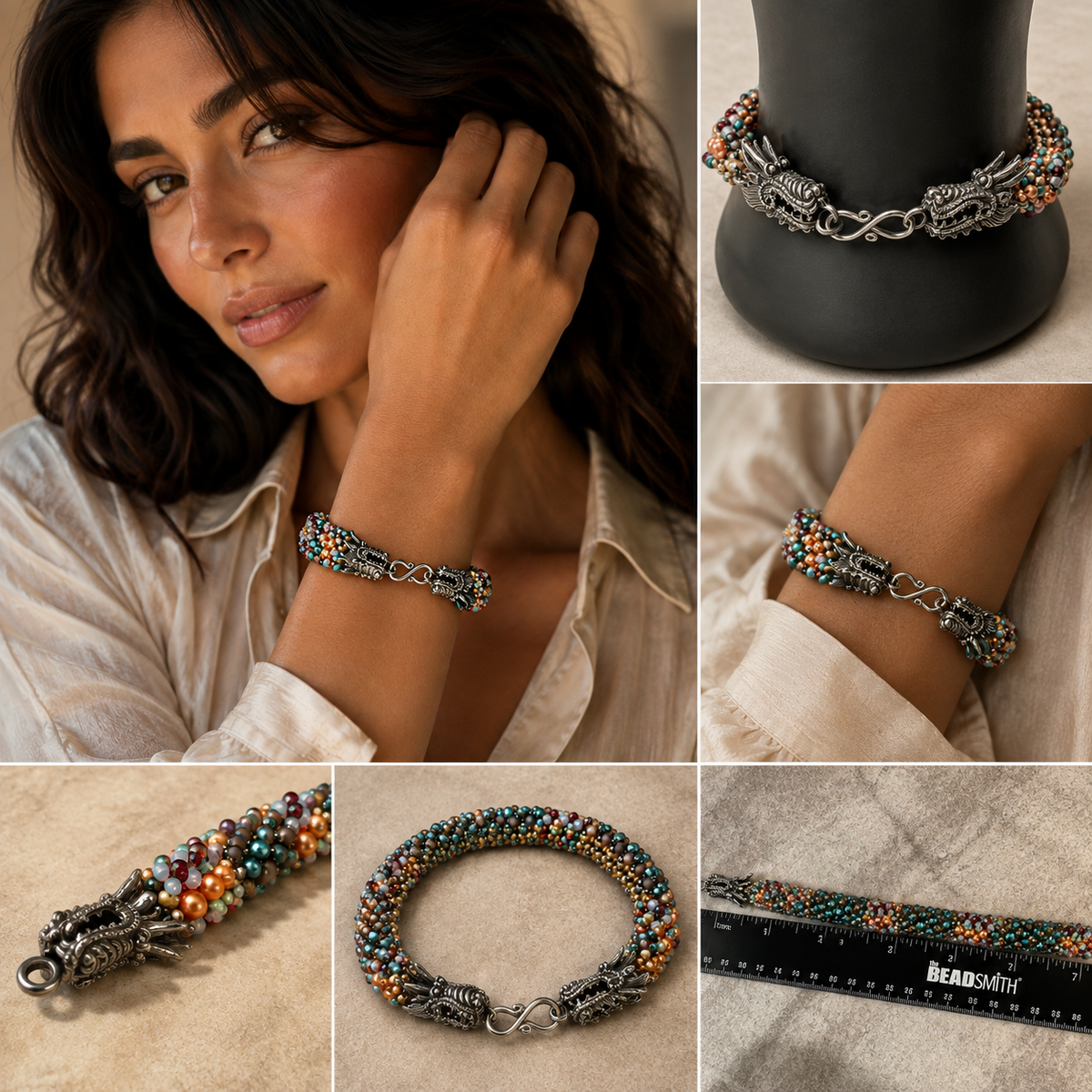 Hand-Beaded Right Angle Weave Bracelet with Crystals, Pearls & Dragon Clasp