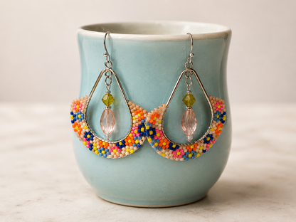 Colorful Hand Beaded Hoop Earrings with Swarovski Crystal Drops | Artisan Delica Seed Bead Jewelry