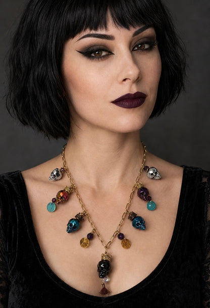 Swarovski Crystal Skull Necklace with Crowns