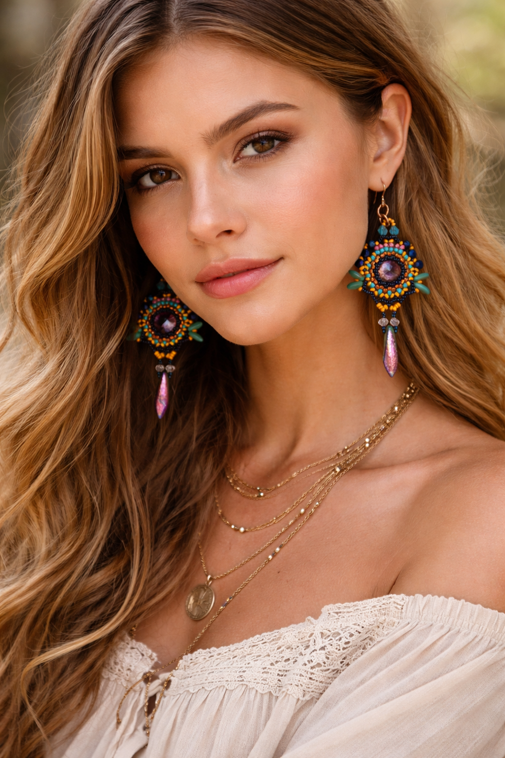 Sunburst Gypsy Beaded Earrings – Crystal Center with Dagger Drop