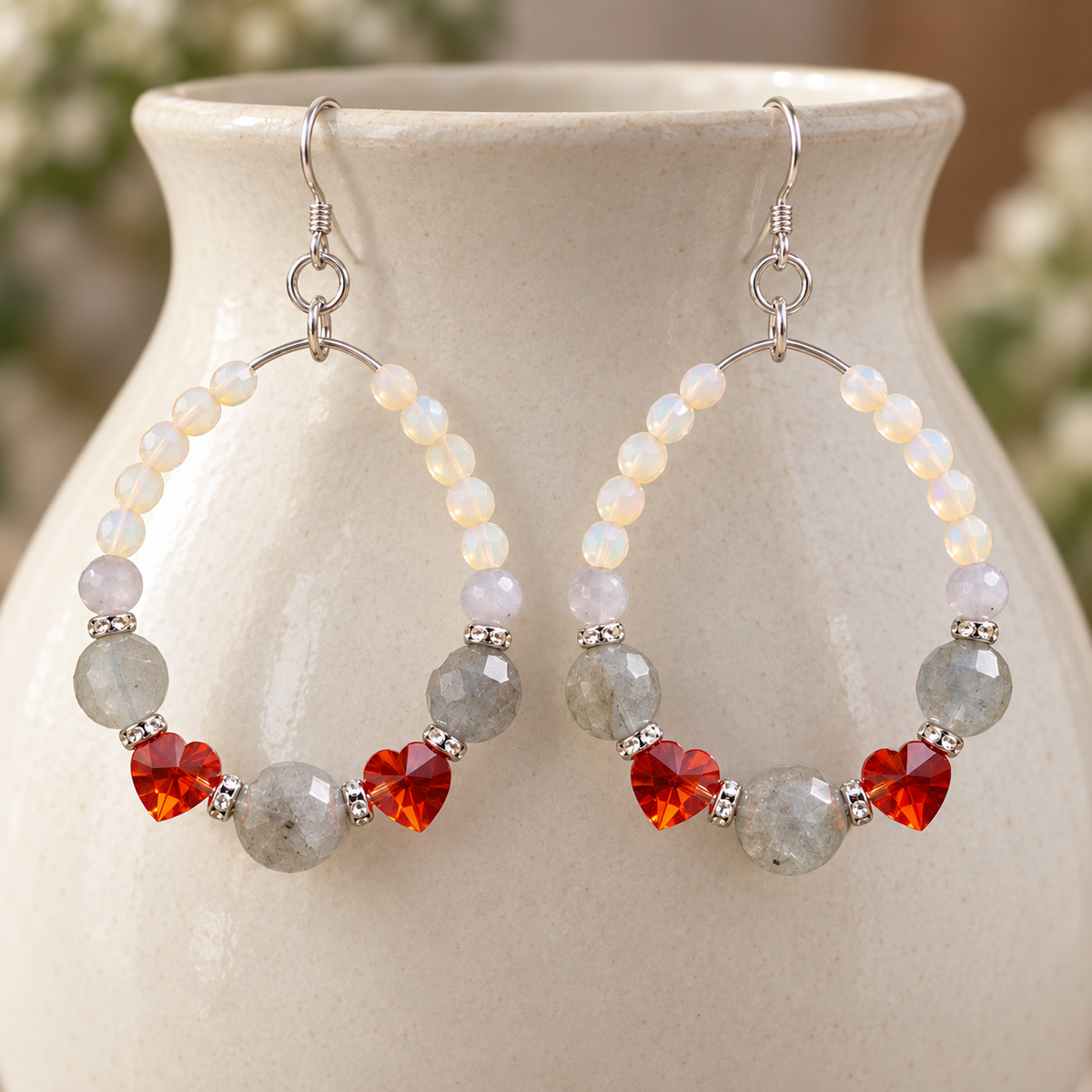 Swarovski Red Heart Hoop Earrings with Czech Beads