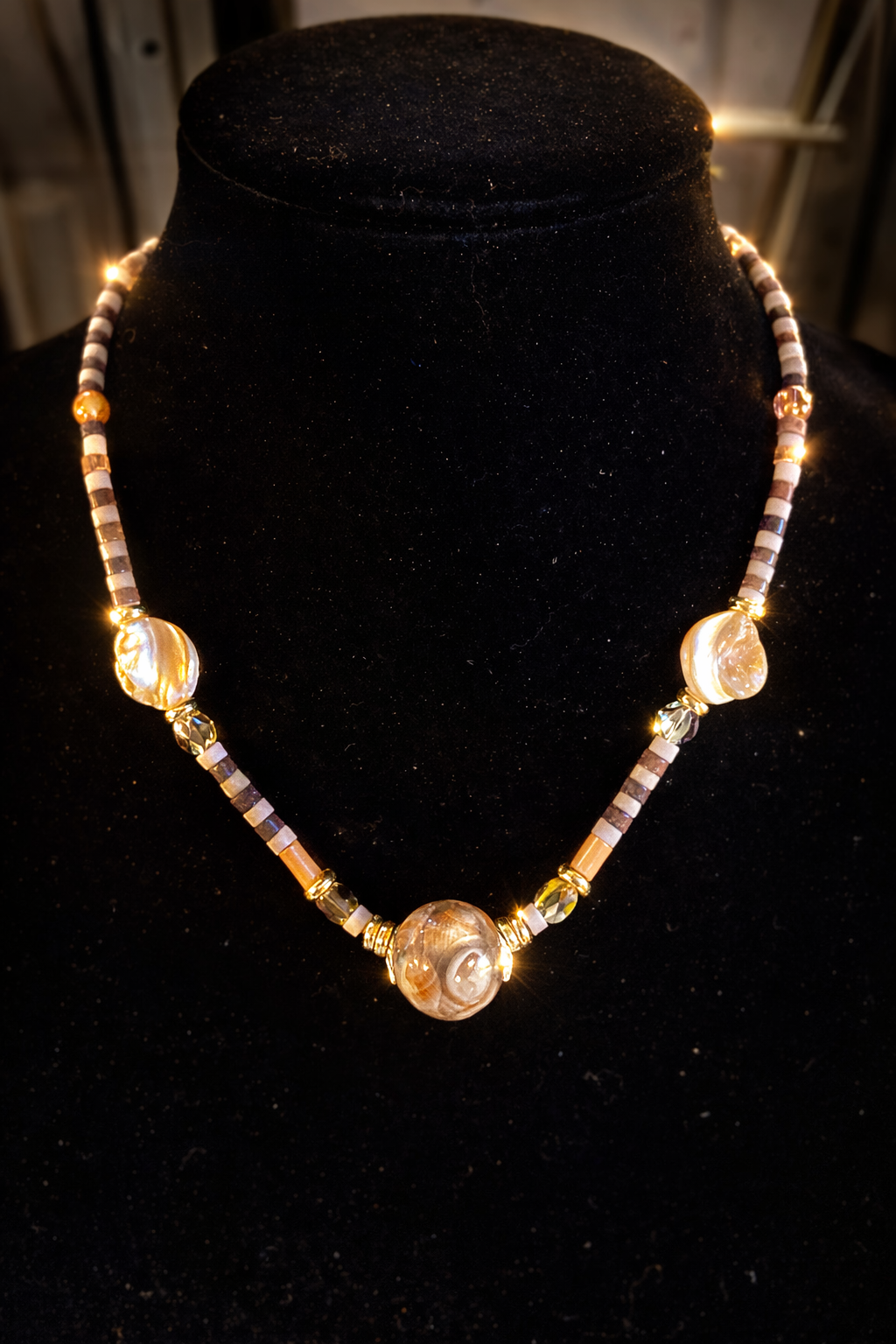 “Coastal Glow – Mother of Pearl & Bone Beaded Necklace”