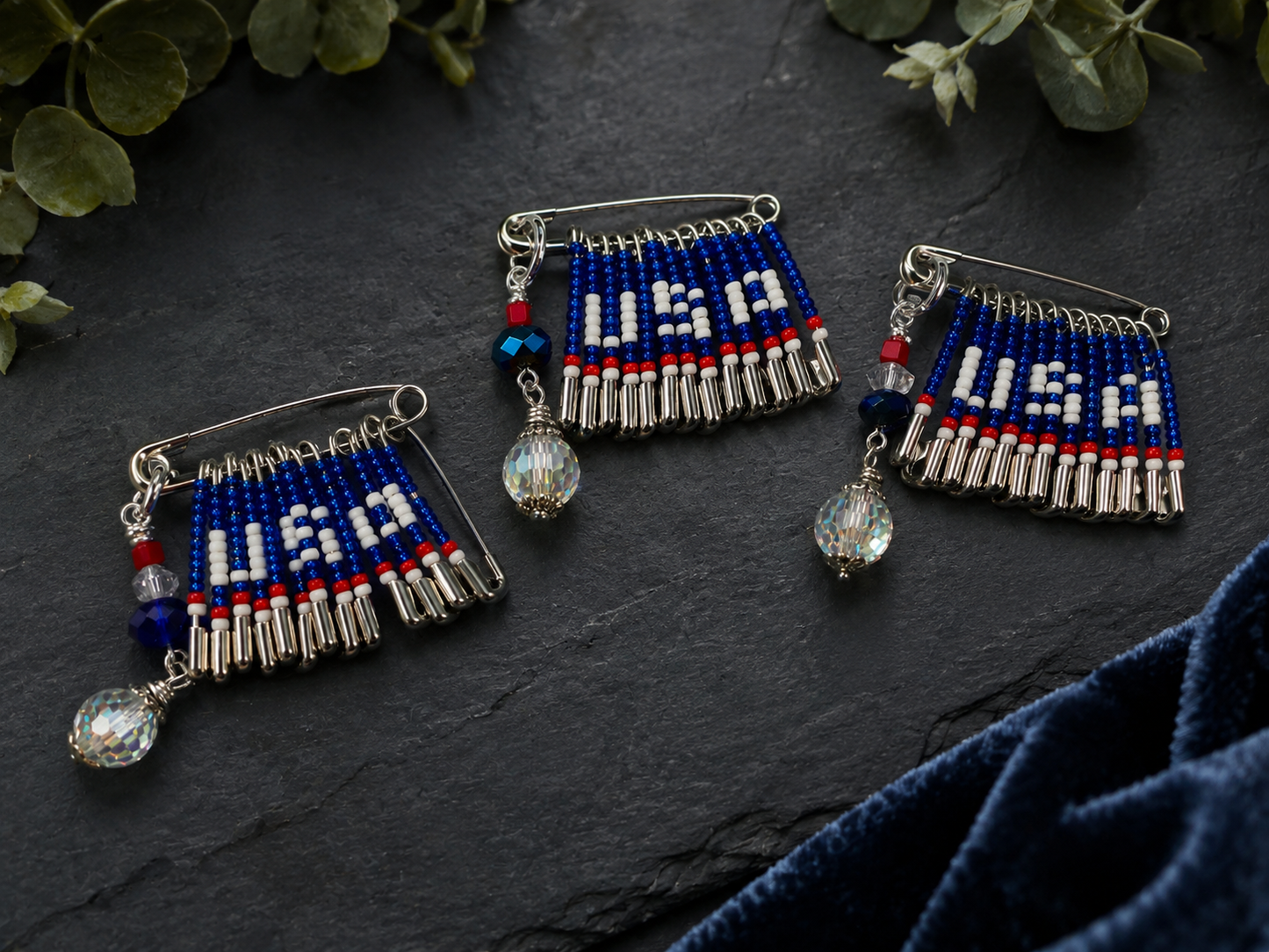 Patriotic USA Safety Pin Brooch with Seed Beads and Crystal Dangle