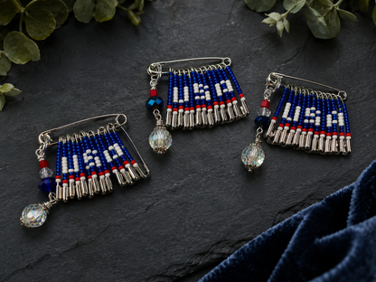 Patriotic USA Safety Pin Brooch with Seed Beads and Crystal Dangle