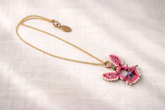 Pink Beaded Bunny Necklace with Crystals – Handmade Easter Rabbit Pendant