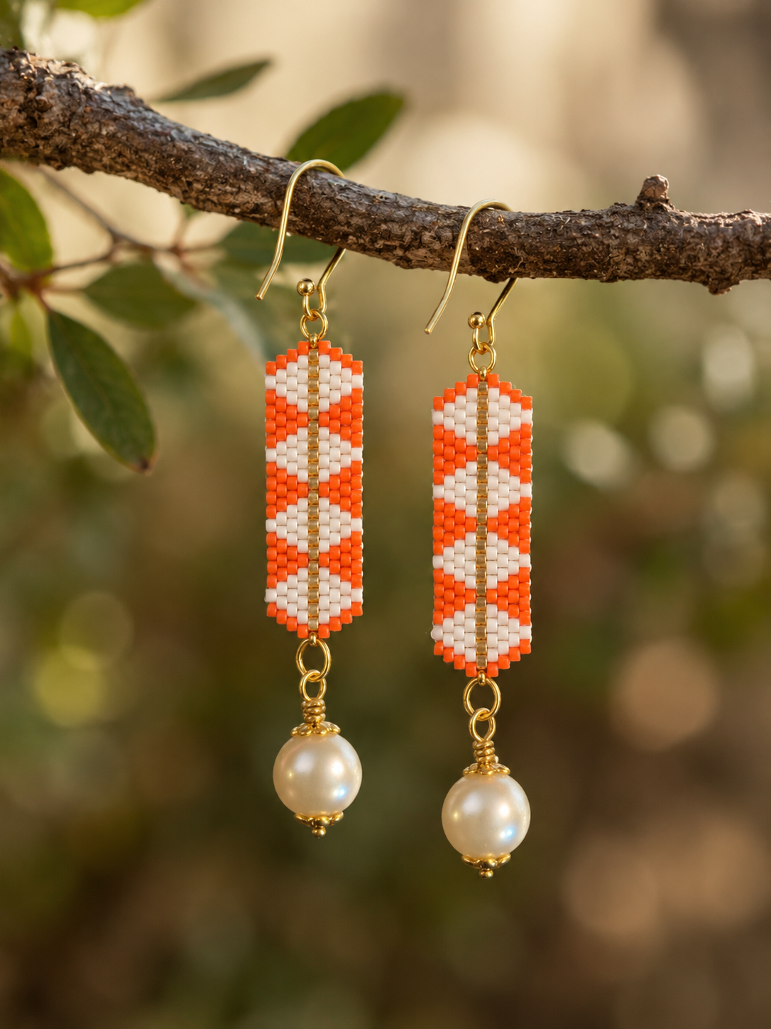 Orange and White Beaded Pearl Drop Earrings | Handmade Seed Bead Dangle Earrings