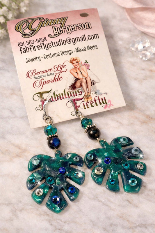 Monstera Leaf and Austrian Crystal Earrings