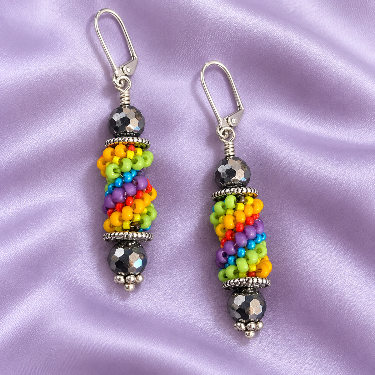 Handmade Rainbow Seed Bead Dangle Earrings with Leverback Wires