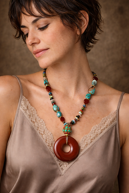 Carnelian Donut & Turquoise Necklace – 16” Handmade Boho Statement with Vintage Heart Beads