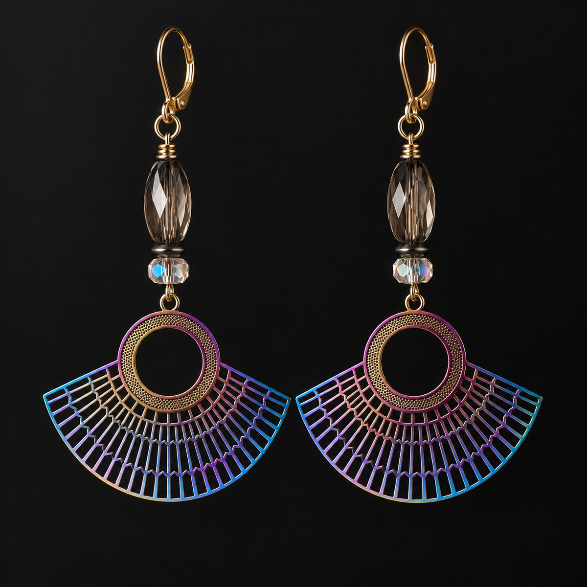 Iridescent Fan Dangle Earrings with Crystal Beads