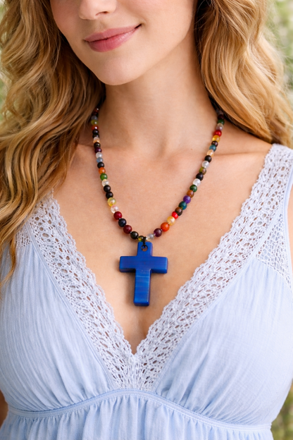 Blue Banded Agate Cross Necklace – Mixed Gemstone Beads, 18” Statement Faith Necklace