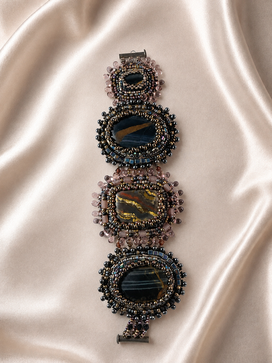 Hand-Beaded Stone Bracelet with Suede Backing – 7½ Inch