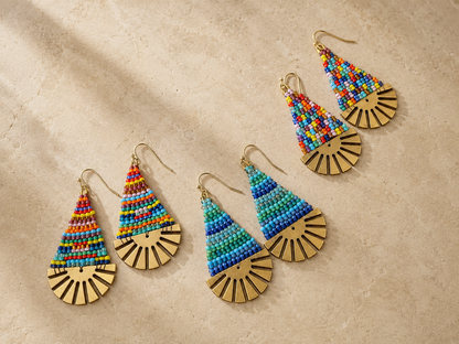 Hand-Beaded Brass Fan Earrings – Three Color Options