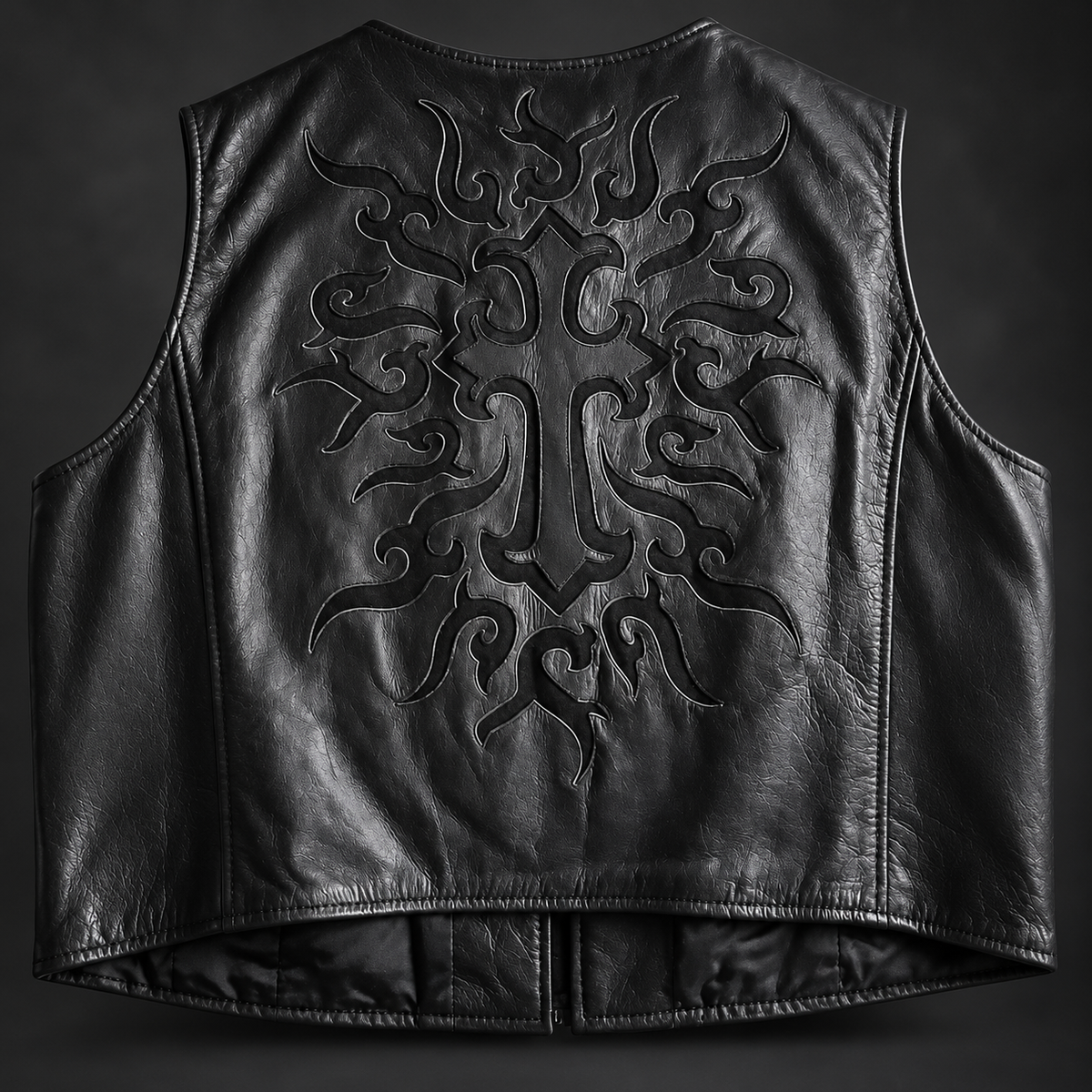 Women’s XL Black Leather Motorcycle Vest with Tribal Cross