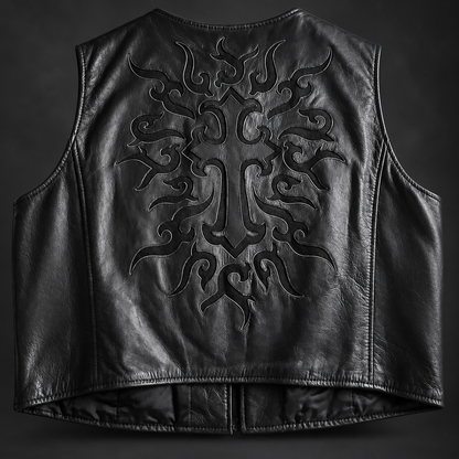 Women’s XL Black Leather Motorcycle Vest with Tribal Cross