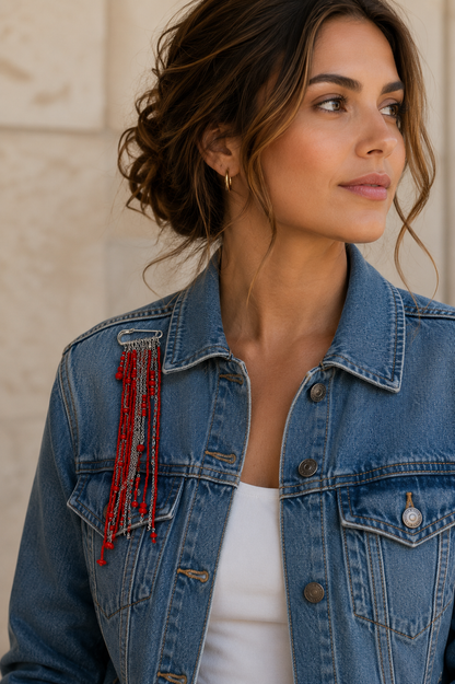 Handmade Red Beaded Fringe Safety Pin Brooch | Boho Statement Pin with Chains & Mixed Beads