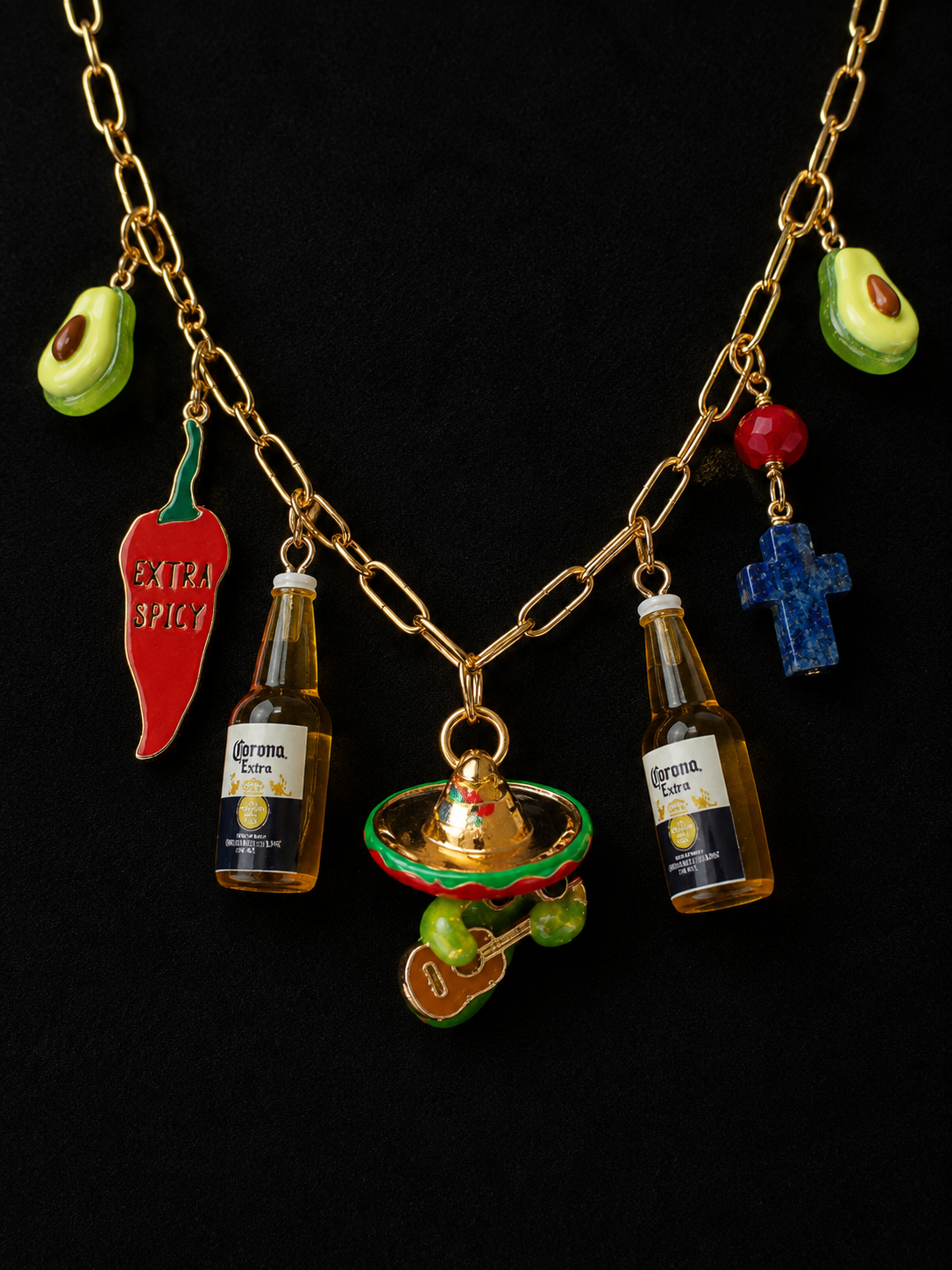 Mexican Charm Necklace | Avocado, Chili Pepper, Beer Bottle & Guitar Player Charms | 18” Gold Paperclip Chain