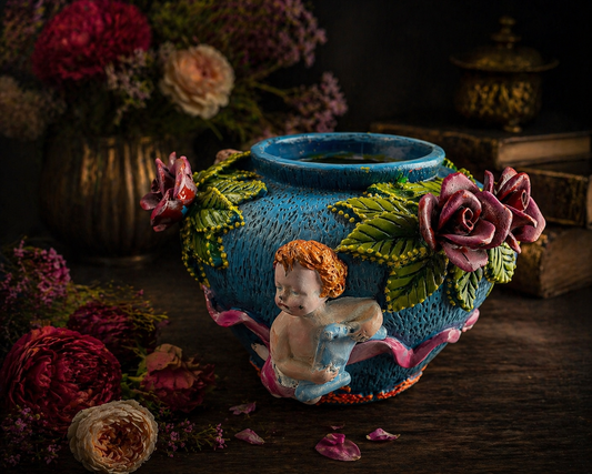 Three Little Cupids Rose Garden Vase – Acrylic Hand Painted Ceramic, Crystal Roses, 11” Decorative Vase