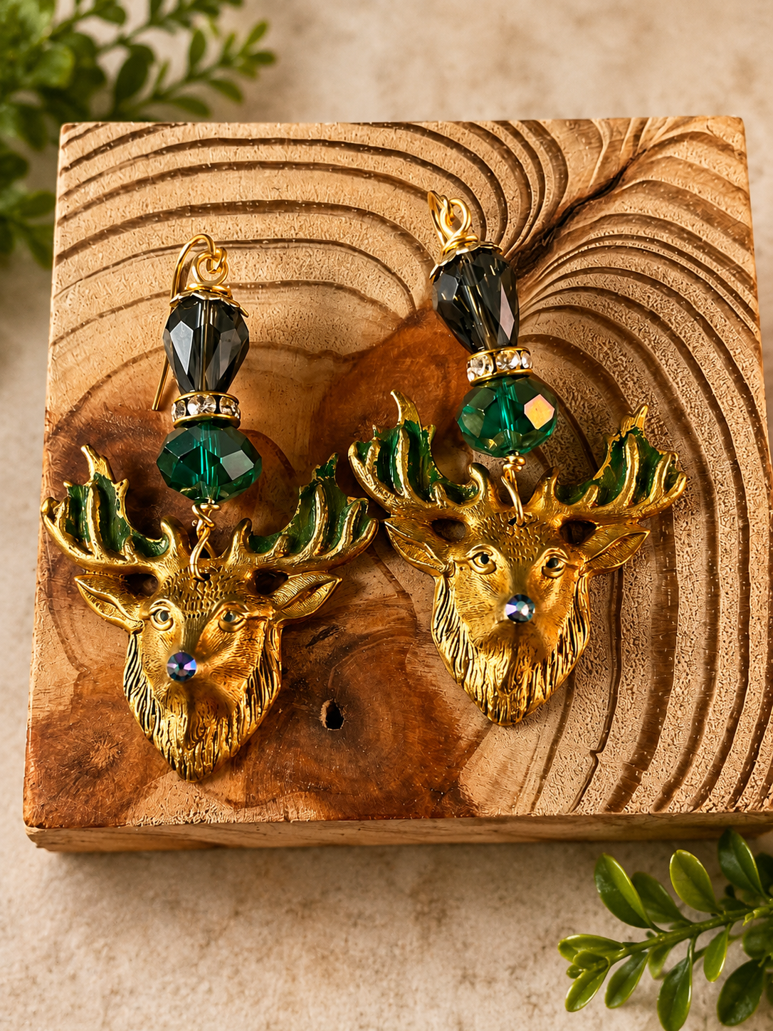 Brass Deer Earrings with Crystal Beads – 2.5 Inch Rustic Dangle Earrings