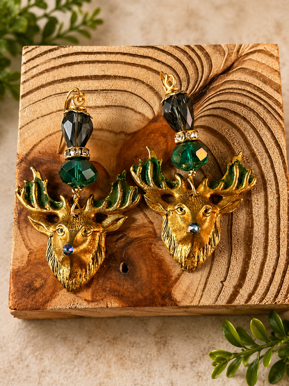 Brass Deer Earrings with Crystal Beads – 2.5 Inch Rustic Dangle Earrings