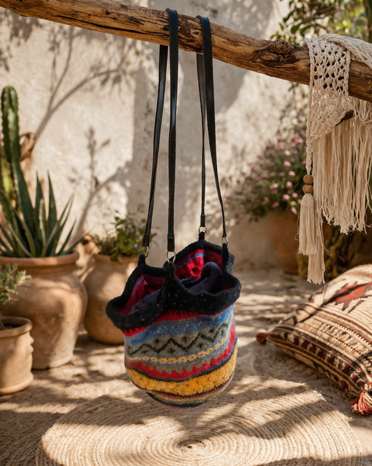 Bohemian Knit Bucket Bag – Wool Blend Shoulder Bag with Red Lined Interior