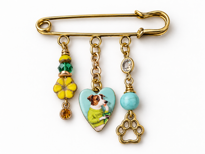 Puppy Love Dog Charm Pin – Czech Beads, Crystals & Jasper