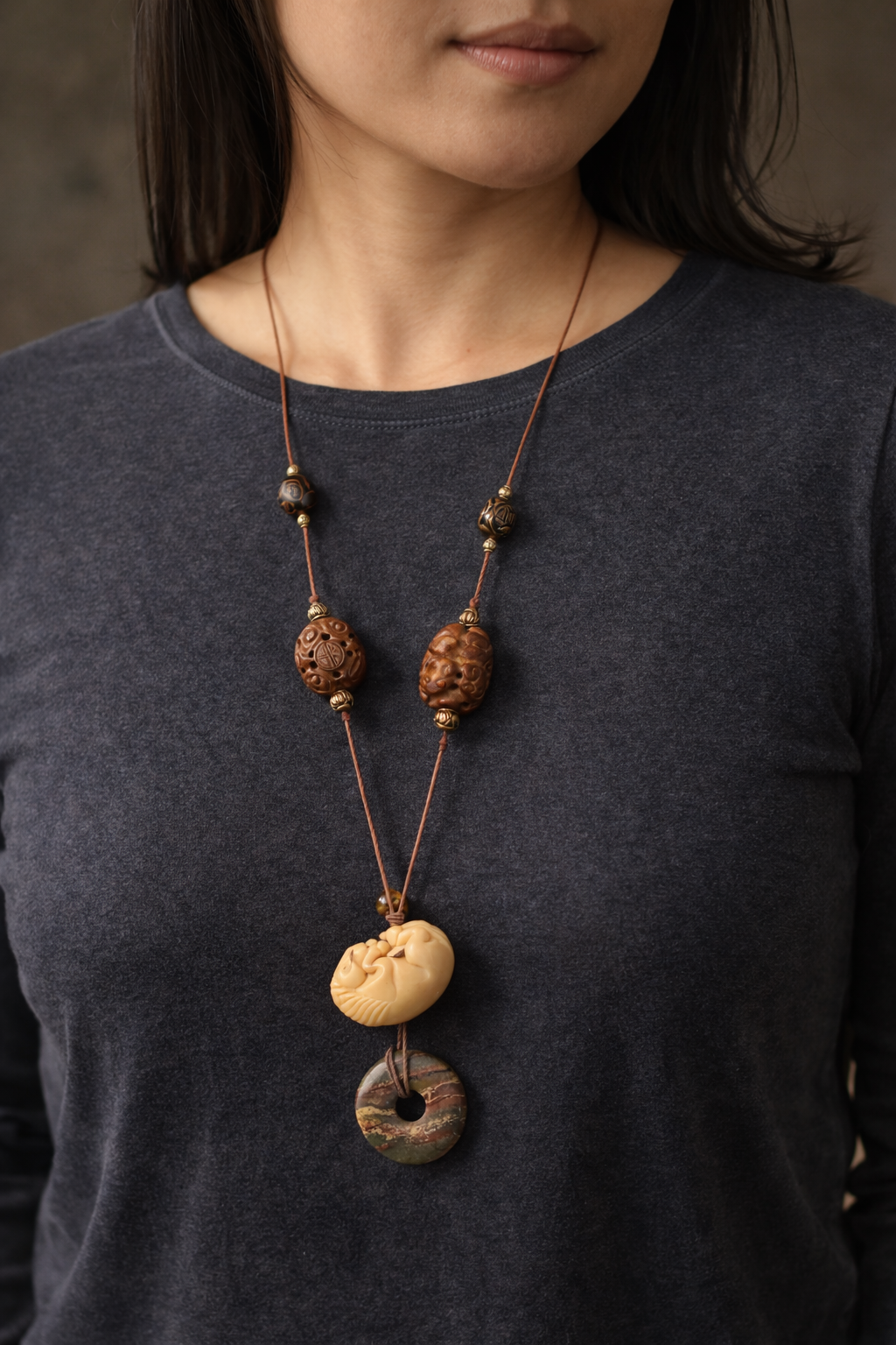 Carved Bodhi Seed & Sleeping Horse Pendant Necklace on Leather – Artisan Boho Statement Necklace
