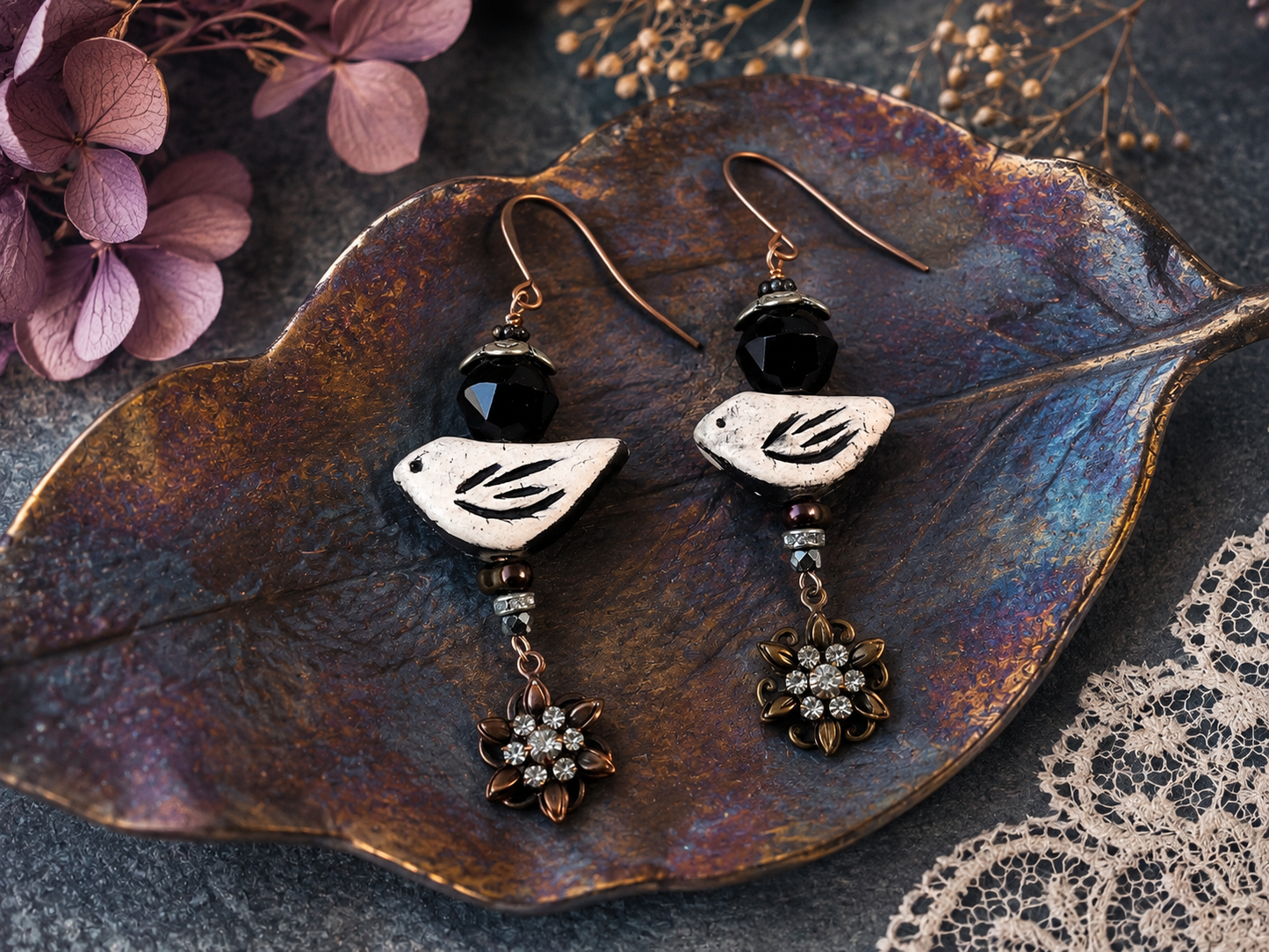 Handmade Swarovski Crystal Bird Earrings | Clay Bird Dangle Earrings with Rhinestone Flowers