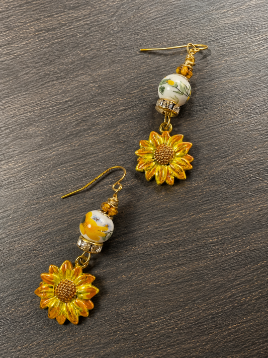 Handmade Sunflower Earrings with Floral Ceramic Beads | Gold Dangle Earrings | Boho Floral Jewelry